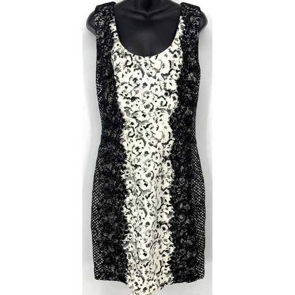 GUESS Women Dress Size 12 Ivory Black Floral Lace Scoop Neck Sleeveless Sheath - Picture 1 of 7
